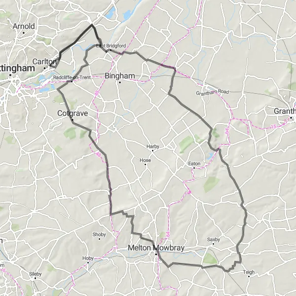 Map miniature of "The Gedling Circular - Road Cycling Route" cycling inspiration in Derbyshire and Nottinghamshire, United Kingdom. Generated by Tarmacs.app cycling route planner