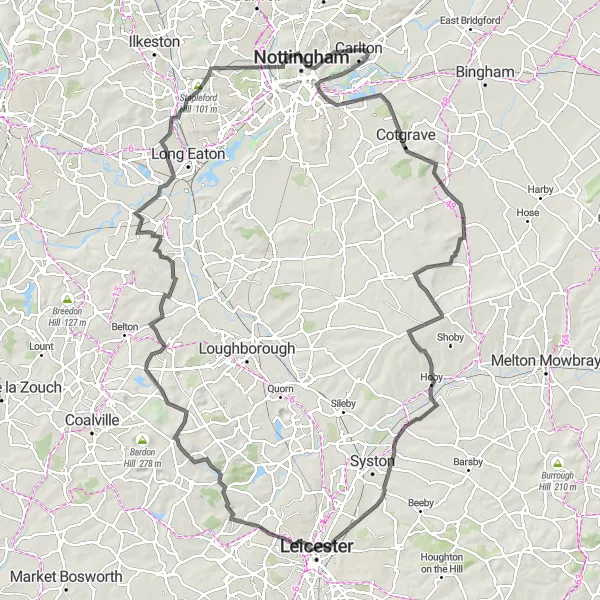 Map miniature of "Charnwood Forest Road Expedition" cycling inspiration in Derbyshire and Nottinghamshire, United Kingdom. Generated by Tarmacs.app cycling route planner