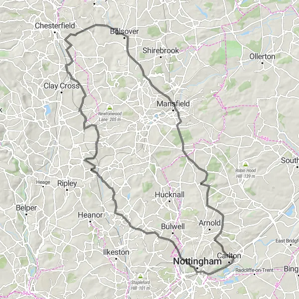 Map miniature of "The Gedling Hills Challenge" cycling inspiration in Derbyshire and Nottinghamshire, United Kingdom. Generated by Tarmacs.app cycling route planner