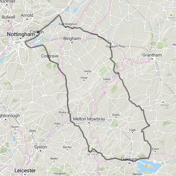 Map miniature of "The Gedling Ultimate Road Challenge" cycling inspiration in Derbyshire and Nottinghamshire, United Kingdom. Generated by Tarmacs.app cycling route planner
