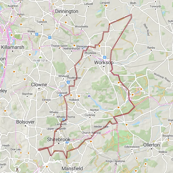 Map miniature of "The Derbyshire and Nottinghamshire Gravel Adventure" cycling inspiration in Derbyshire and Nottinghamshire, United Kingdom. Generated by Tarmacs.app cycling route planner