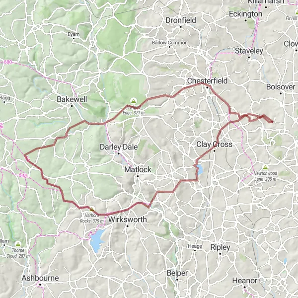 Map miniature of "The Mysterious Gravel Expedition" cycling inspiration in Derbyshire and Nottinghamshire, United Kingdom. Generated by Tarmacs.app cycling route planner