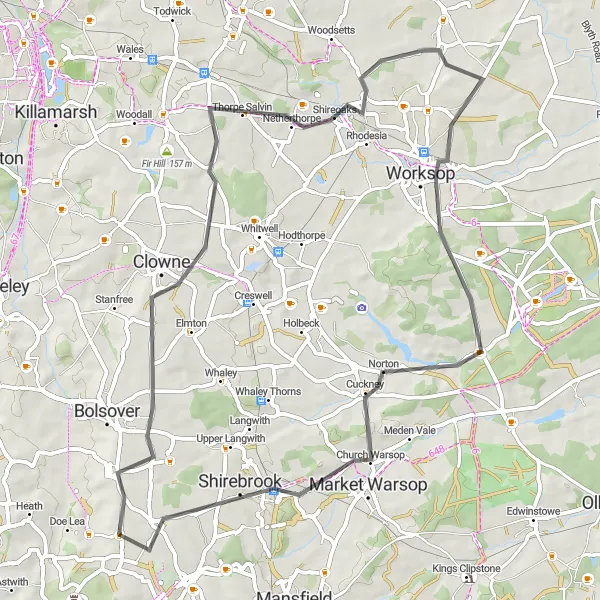 Map miniature of "Road Serenade Amidst Nature's Beauty" cycling inspiration in Derbyshire and Nottinghamshire, United Kingdom. Generated by Tarmacs.app cycling route planner