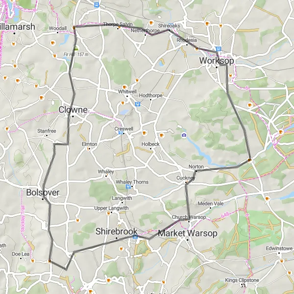 Map miniature of "Scenic Derbyshire Adventure" cycling inspiration in Derbyshire and Nottinghamshire, United Kingdom. Generated by Tarmacs.app cycling route planner