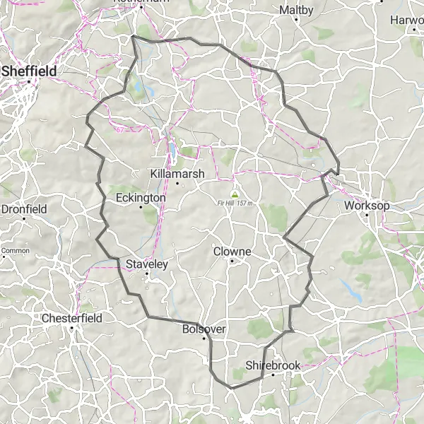 Map miniature of "Bolsover Epic" cycling inspiration in Derbyshire and Nottinghamshire, United Kingdom. Generated by Tarmacs.app cycling route planner