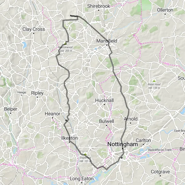 Map miniature of "The Ultimate Road Cycling Challenge" cycling inspiration in Derbyshire and Nottinghamshire, United Kingdom. Generated by Tarmacs.app cycling route planner