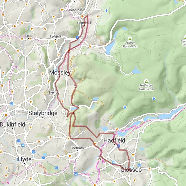 Map miniature of "Glossop Gravel Adventure" cycling inspiration in Derbyshire and Nottinghamshire, United Kingdom. Generated by Tarmacs.app cycling route planner