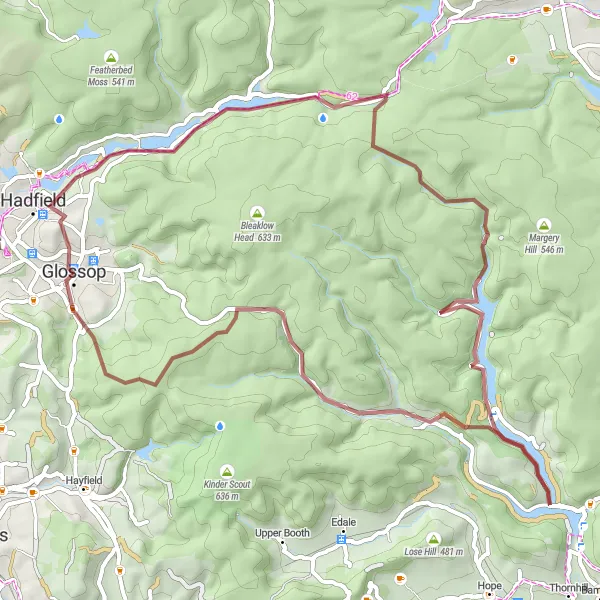 Map miniature of "Glossop Gravel Ride" cycling inspiration in Derbyshire and Nottinghamshire, United Kingdom. Generated by Tarmacs.app cycling route planner