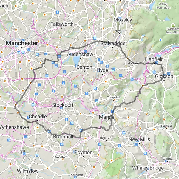 Map miniature of "Beauty of Glossop Road" cycling inspiration in Derbyshire and Nottinghamshire, United Kingdom. Generated by Tarmacs.app cycling route planner
