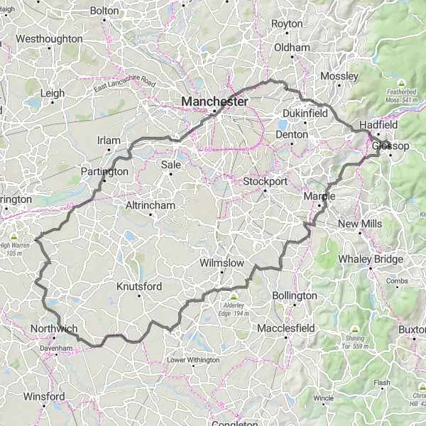 Map miniature of "The Peak District Challenge" cycling inspiration in Derbyshire and Nottinghamshire, United Kingdom. Generated by Tarmacs.app cycling route planner