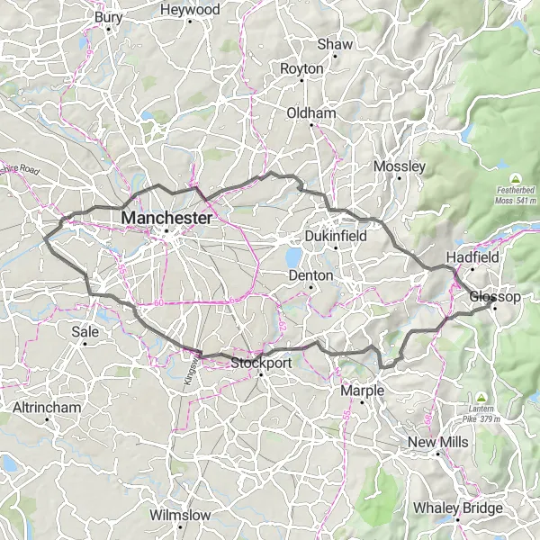 Map miniature of "The Peak District Challenge" cycling inspiration in Derbyshire and Nottinghamshire, United Kingdom. Generated by Tarmacs.app cycling route planner