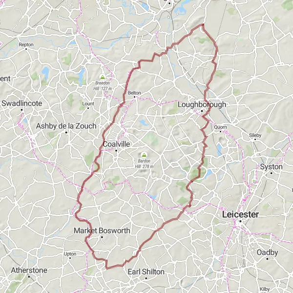 Map miniature of "Scenic Ride through Charnwood Forest" cycling inspiration in Derbyshire and Nottinghamshire, United Kingdom. Generated by Tarmacs.app cycling route planner