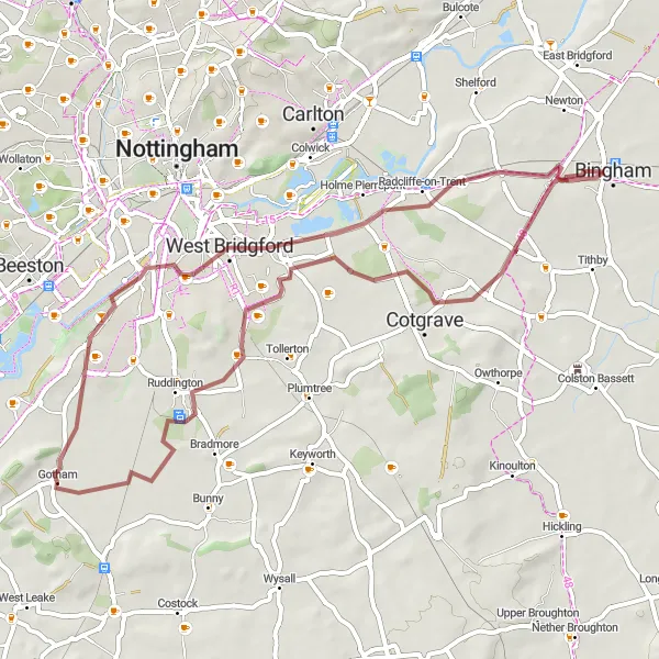 Map miniature of "Scenic Gravel Loop" cycling inspiration in Derbyshire and Nottinghamshire, United Kingdom. Generated by Tarmacs.app cycling route planner