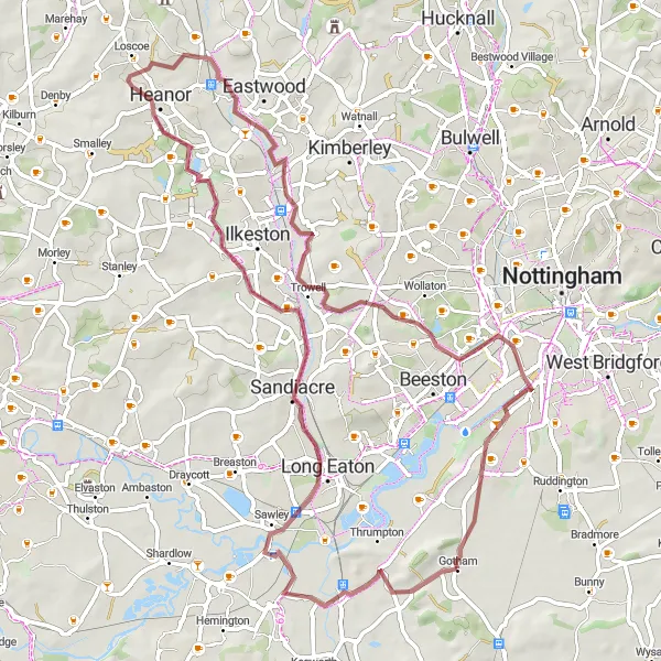 Map miniature of "Exploring Erewash Valley" cycling inspiration in Derbyshire and Nottinghamshire, United Kingdom. Generated by Tarmacs.app cycling route planner