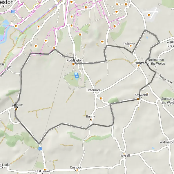 Map miniature of "Ruddington Loop" cycling inspiration in Derbyshire and Nottinghamshire, United Kingdom. Generated by Tarmacs.app cycling route planner