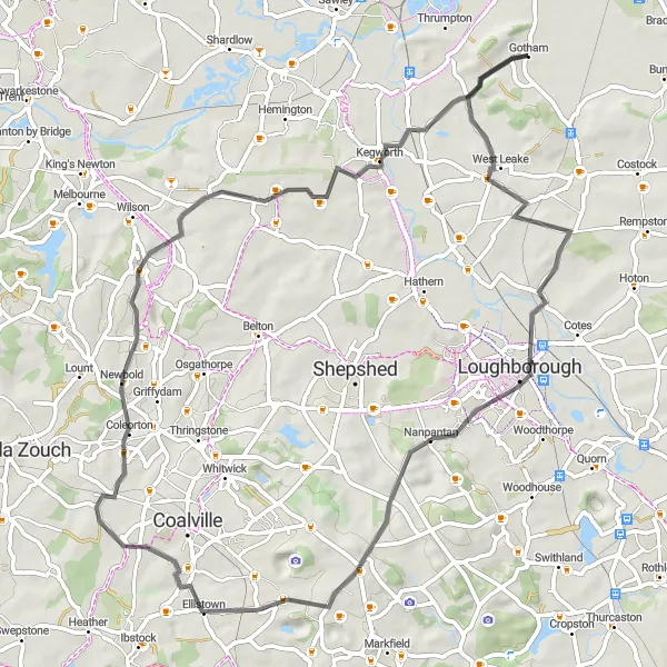 Map miniature of "Nottinghamshire Road Adventure" cycling inspiration in Derbyshire and Nottinghamshire, United Kingdom. Generated by Tarmacs.app cycling route planner