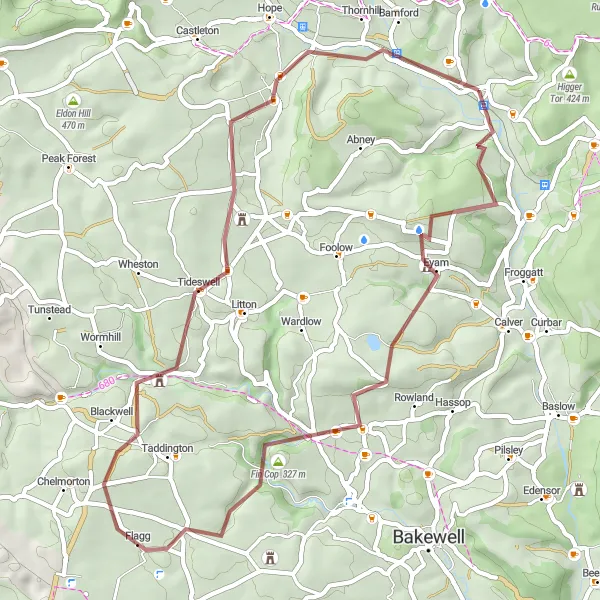 Map miniature of "Longstone Loop" cycling inspiration in Derbyshire and Nottinghamshire, United Kingdom. Generated by Tarmacs.app cycling route planner