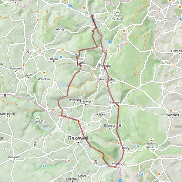 Map miniature of "Chatsworth Gravel Adventure" cycling inspiration in Derbyshire and Nottinghamshire, United Kingdom. Generated by Tarmacs.app cycling route planner