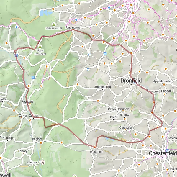 Map miniature of "Peak District Gravel Explorer" cycling inspiration in Derbyshire and Nottinghamshire, United Kingdom. Generated by Tarmacs.app cycling route planner