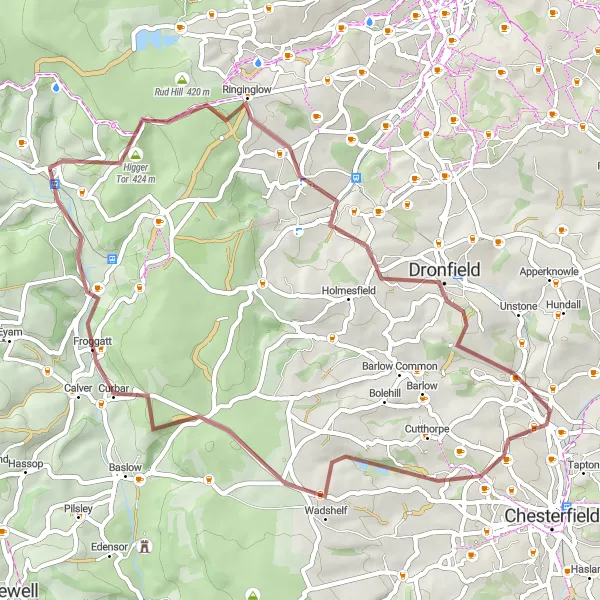 Map miniature of "Peak District Legends Gravel Tour" cycling inspiration in Derbyshire and Nottinghamshire, United Kingdom. Generated by Tarmacs.app cycling route planner