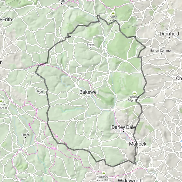 Map miniature of "Peak District Exploration" cycling inspiration in Derbyshire and Nottinghamshire, United Kingdom. Generated by Tarmacs.app cycling route planner