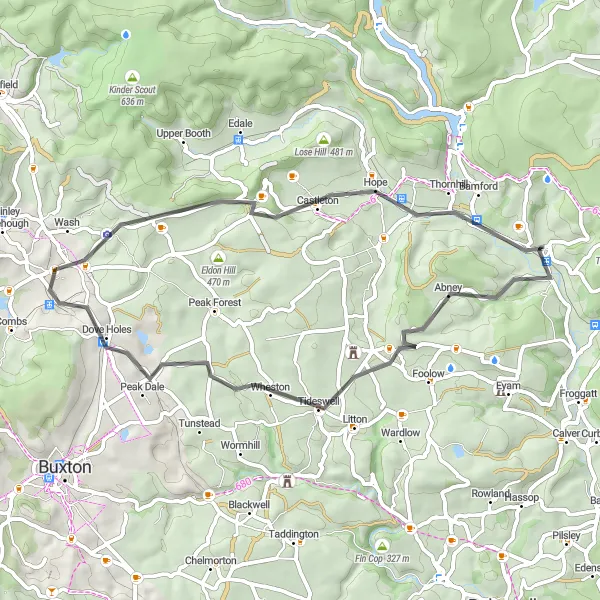 Map miniature of "Abney Low and Mam Tor Loop" cycling inspiration in Derbyshire and Nottinghamshire, United Kingdom. Generated by Tarmacs.app cycling route planner