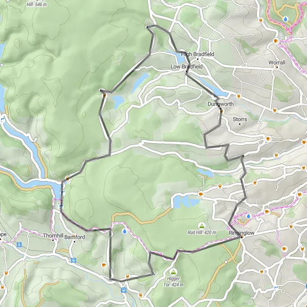 Map miniature of "Hathersage and Bamford Loop" cycling inspiration in Derbyshire and Nottinghamshire, United Kingdom. Generated by Tarmacs.app cycling route planner