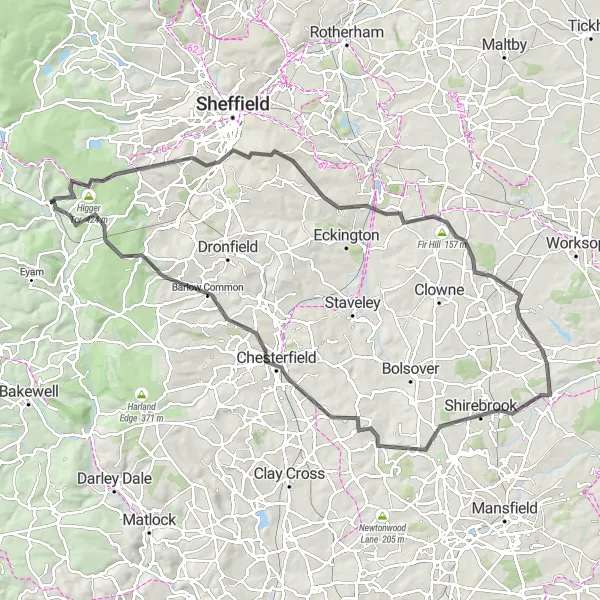 Map miniature of "Hathersage and Chesterfield Adventure" cycling inspiration in Derbyshire and Nottinghamshire, United Kingdom. Generated by Tarmacs.app cycling route planner