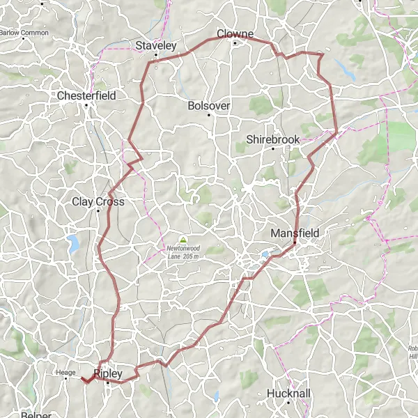 Map miniature of "Amber Adventure" cycling inspiration in Derbyshire and Nottinghamshire, United Kingdom. Generated by Tarmacs.app cycling route planner