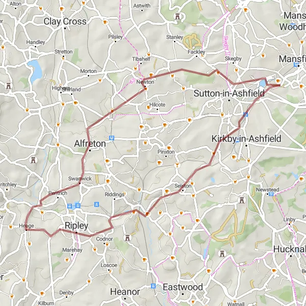 Map miniature of "Rural Retreat" cycling inspiration in Derbyshire and Nottinghamshire, United Kingdom. Generated by Tarmacs.app cycling route planner