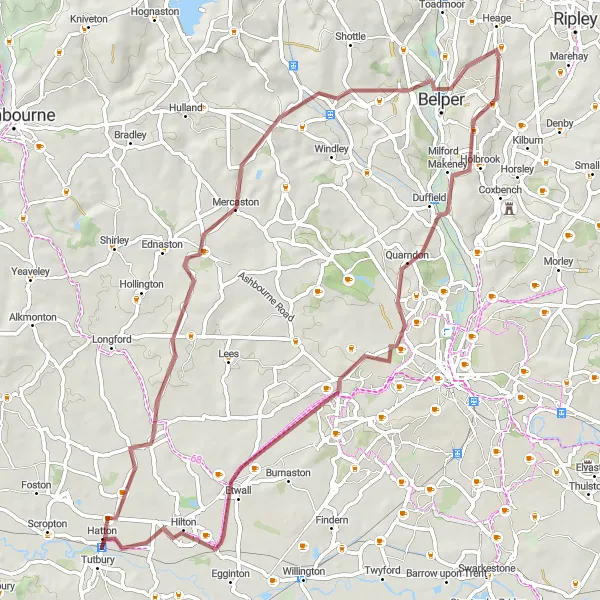 Map miniature of "Holbrook and Belper Circular Gravel Route" cycling inspiration in Derbyshire and Nottinghamshire, United Kingdom. Generated by Tarmacs.app cycling route planner