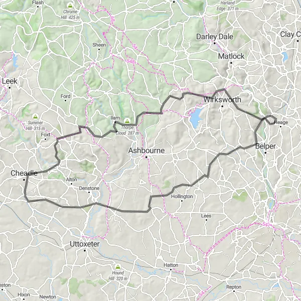 Map miniature of "Scenic Road Cycle Route from Heage" cycling inspiration in Derbyshire and Nottinghamshire, United Kingdom. Generated by Tarmacs.app cycling route planner