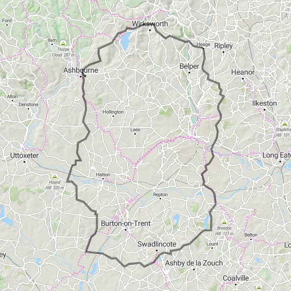 Map miniature of "Scenic Road Cycling Loop from Heage" cycling inspiration in Derbyshire and Nottinghamshire, United Kingdom. Generated by Tarmacs.app cycling route planner