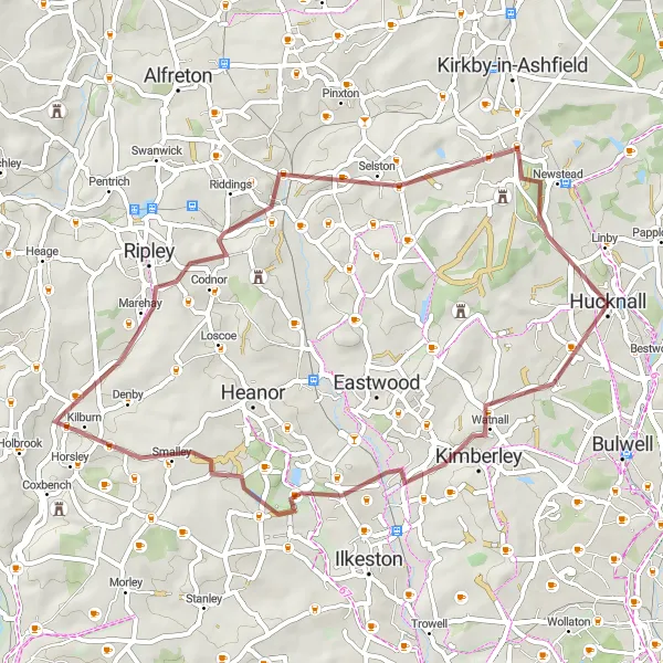 Map miniature of "Kimberley and Bennerley Viaduct Gravel Route" cycling inspiration in Derbyshire and Nottinghamshire, United Kingdom. Generated by Tarmacs.app cycling route planner