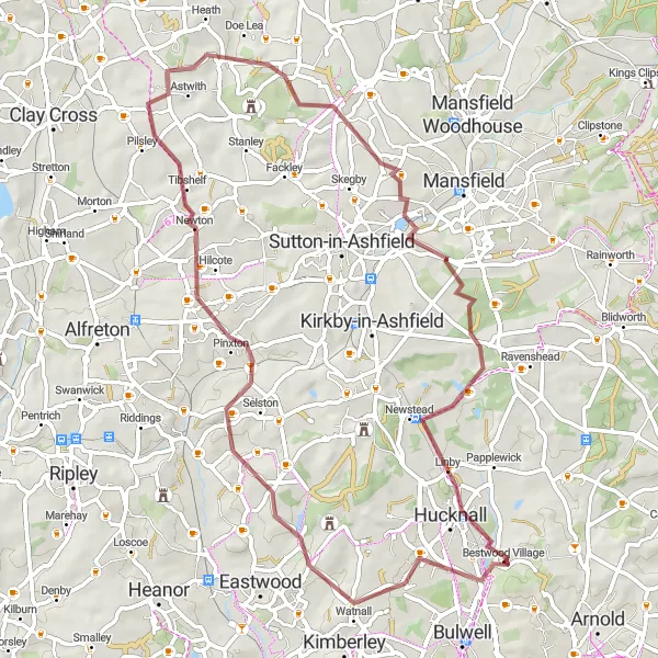 Map miniature of "Bestwood Village and Newstead Abbey Gravel Route" cycling inspiration in Derbyshire and Nottinghamshire, United Kingdom. Generated by Tarmacs.app cycling route planner