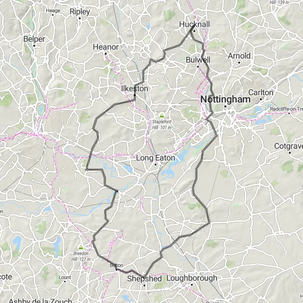 Map miniature of "Hucknall to Ilkeston Road Excursion" cycling inspiration in Derbyshire and Nottinghamshire, United Kingdom. Generated by Tarmacs.app cycling route planner