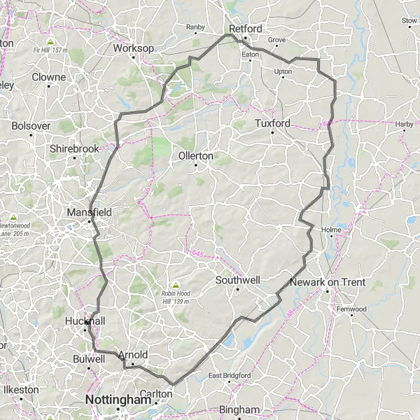 Map miniature of "Mansfield and Sutton on Trent Road Expedition" cycling inspiration in Derbyshire and Nottinghamshire, United Kingdom. Generated by Tarmacs.app cycling route planner