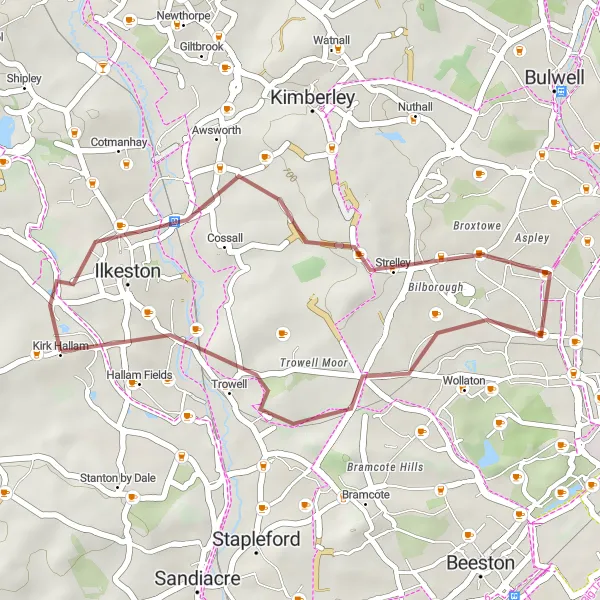 Map miniature of "Ilkeston Gravel Journey" cycling inspiration in Derbyshire and Nottinghamshire, United Kingdom. Generated by Tarmacs.app cycling route planner