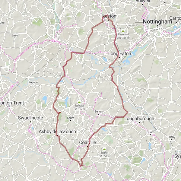 Map miniature of "Charming Gravel Adventure" cycling inspiration in Derbyshire and Nottinghamshire, United Kingdom. Generated by Tarmacs.app cycling route planner