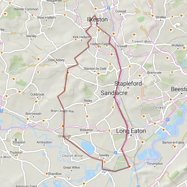 Map miniature of "Long Eaton Gravel Route" cycling inspiration in Derbyshire and Nottinghamshire, United Kingdom. Generated by Tarmacs.app cycling route planner