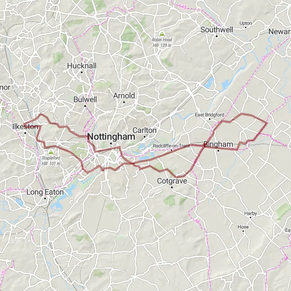 Map miniature of "Trowell Gravel Adventure" cycling inspiration in Derbyshire and Nottinghamshire, United Kingdom. Generated by Tarmacs.app cycling route planner