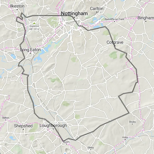 Map miniature of "Scenic Nottinghamshire Loop" cycling inspiration in Derbyshire and Nottinghamshire, United Kingdom. Generated by Tarmacs.app cycling route planner