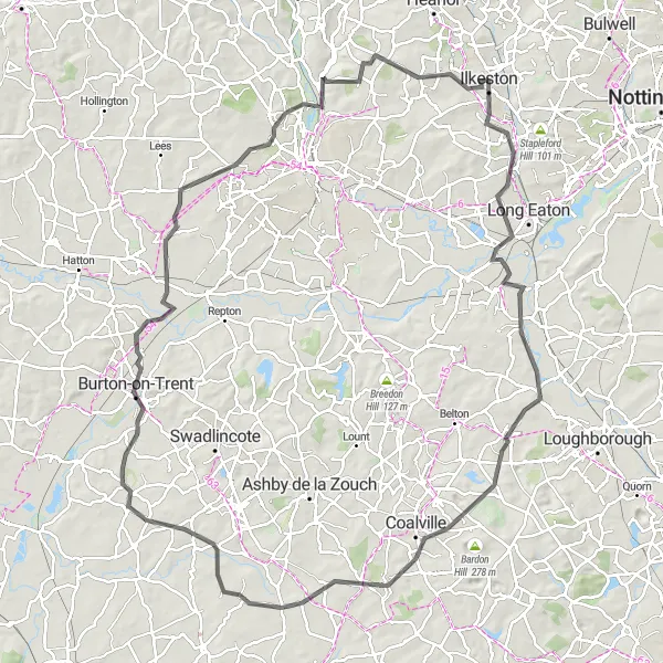 Map miniature of "Towns and Landmarks Tour" cycling inspiration in Derbyshire and Nottinghamshire, United Kingdom. Generated by Tarmacs.app cycling route planner