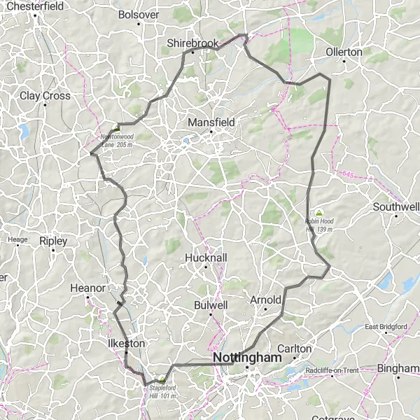 Map miniature of "Exploring Nottinghamshire" cycling inspiration in Derbyshire and Nottinghamshire, United Kingdom. Generated by Tarmacs.app cycling route planner