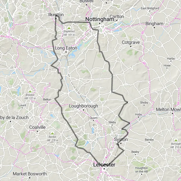 Map miniature of "Leicester Connection" cycling inspiration in Derbyshire and Nottinghamshire, United Kingdom. Generated by Tarmacs.app cycling route planner