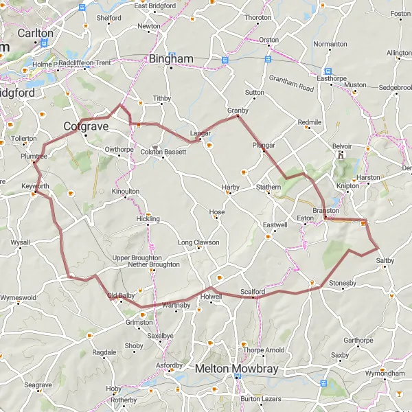 Map miniature of "Keyworth to Ab Kettleby Gravel Loop" cycling inspiration in Derbyshire and Nottinghamshire, United Kingdom. Generated by Tarmacs.app cycling route planner