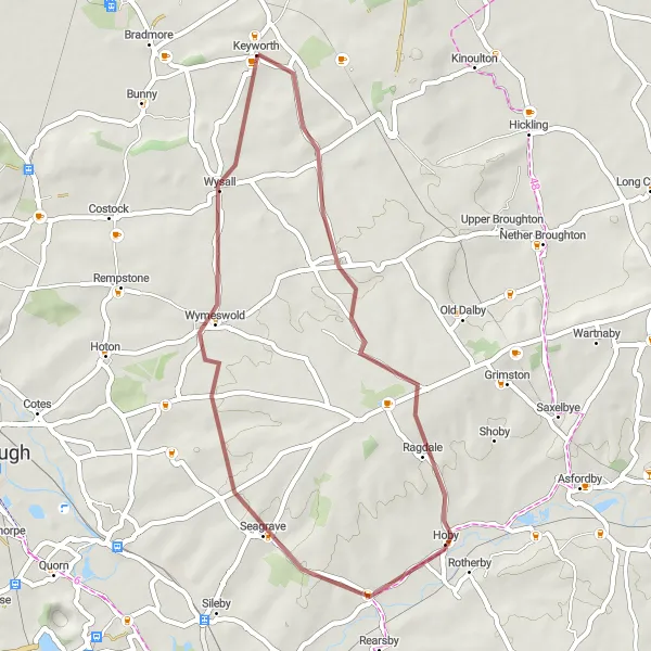 Map miniature of "Willoughby on the Wolds and Seagrave Gravel Route" cycling inspiration in Derbyshire and Nottinghamshire, United Kingdom. Generated by Tarmacs.app cycling route planner