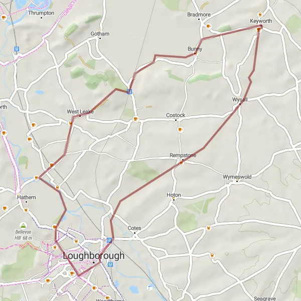 Map miniature of "Loughborough and Bradmore Gravel Loop" cycling inspiration in Derbyshire and Nottinghamshire, United Kingdom. Generated by Tarmacs.app cycling route planner