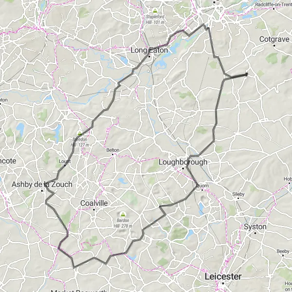 Map miniature of "Keyworth to Castle Donington Road Adventure" cycling inspiration in Derbyshire and Nottinghamshire, United Kingdom. Generated by Tarmacs.app cycling route planner