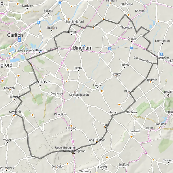 Map miniature of "Cotgrave and Windmill Hill Loop" cycling inspiration in Derbyshire and Nottinghamshire, United Kingdom. Generated by Tarmacs.app cycling route planner